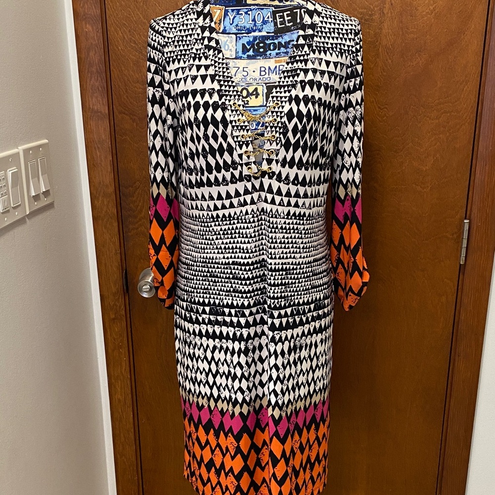 Emma & Michelle Geometric Patterned Dress with Orange and Pink Accent NWOT